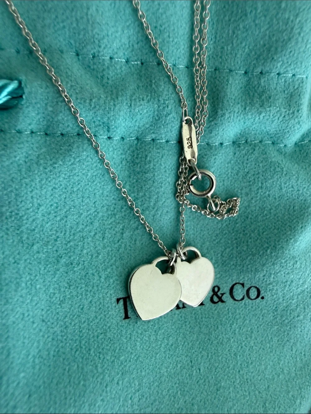 Tiffany & Co. Sterling Silver Double Heart Necklace on Blue Pouch